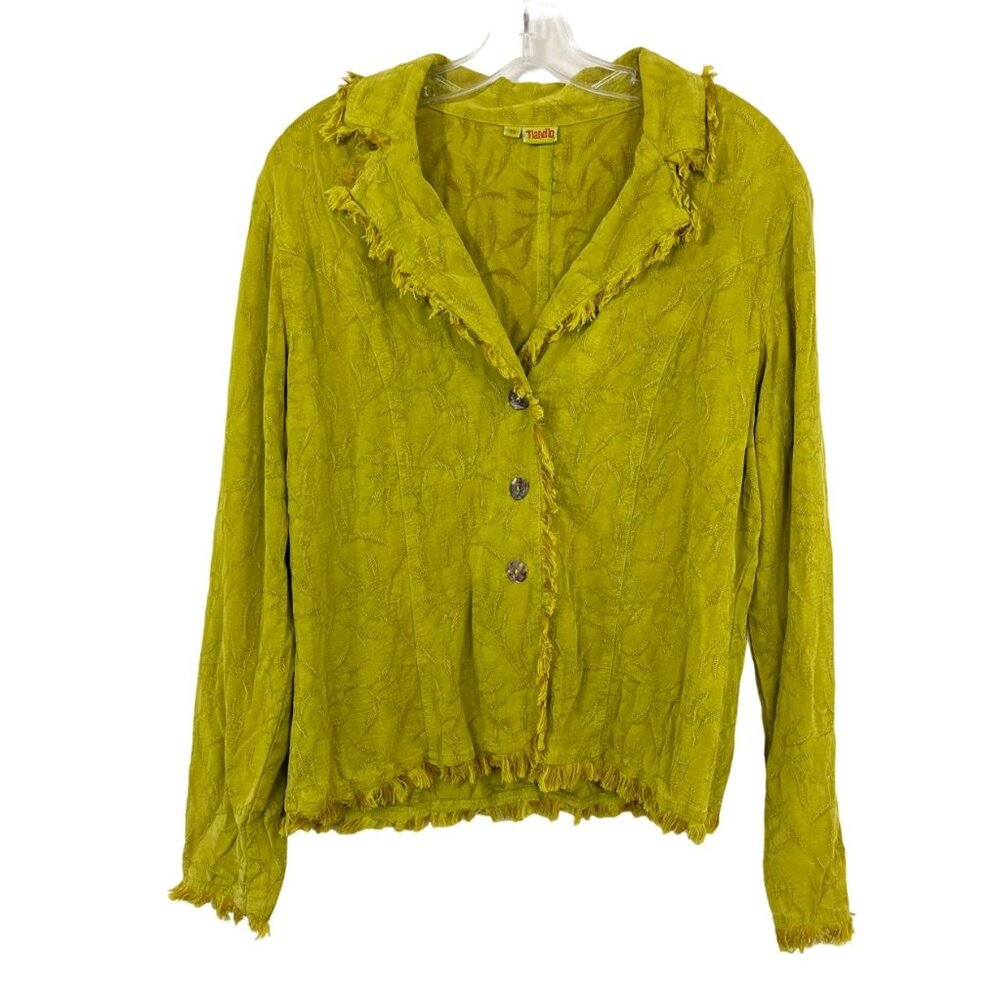 Tianello Embroidered Fringe Trim Jacket Jacquard Tencel Artsy - Size Medium‎